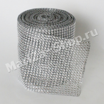 Лента стразовая (пластик), размер 12х910 см, цвет серебро.