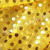 Ткань пайетка (основа сетка, нашита редко), ширина - 145 см, размер пайетки - 9 мм, золото